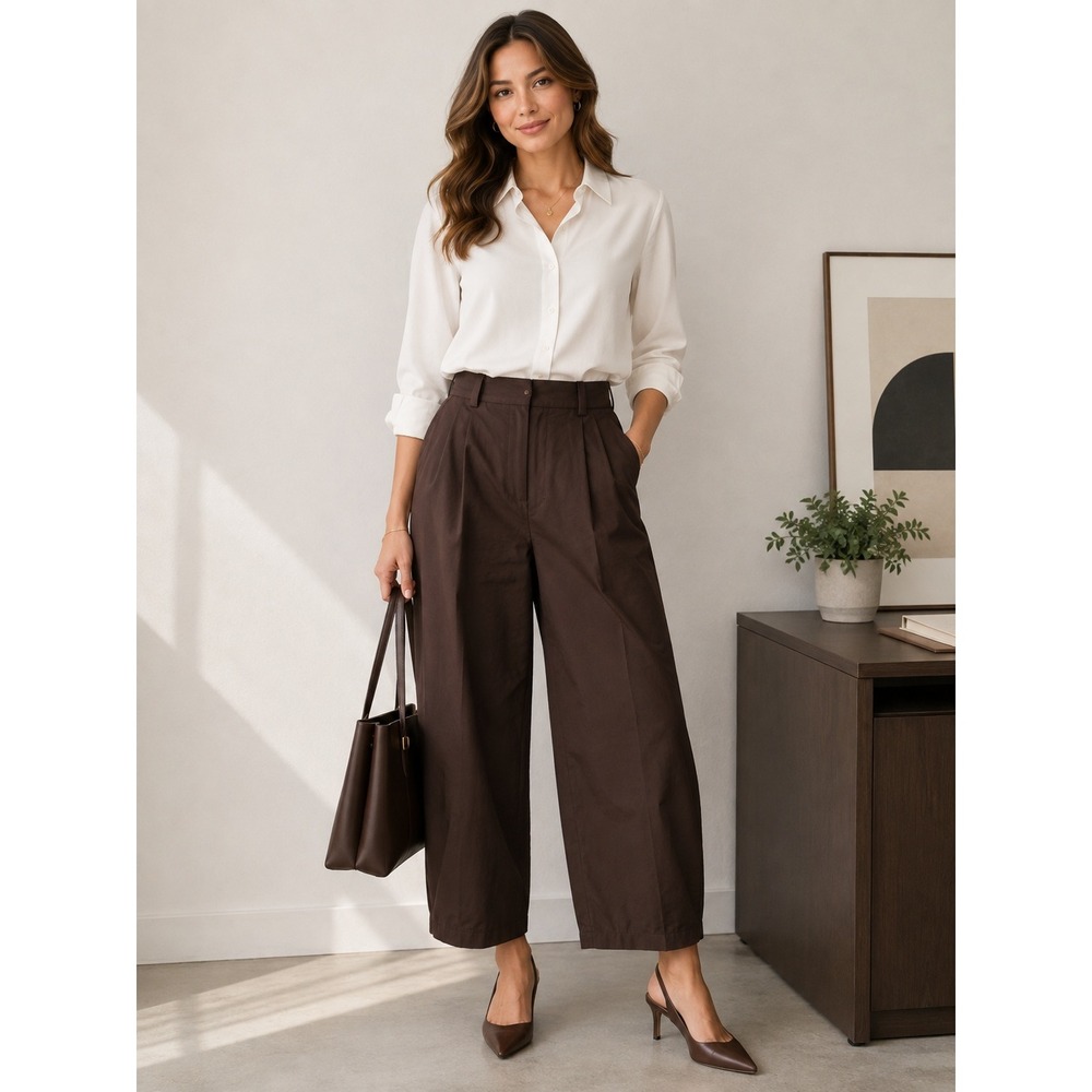 COS Barrel Wide Leg Trousers Women 10 Brown Cotton Pleated Ankle Pant Minimalist